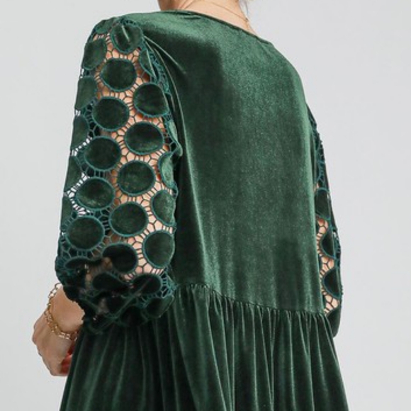 Umgee Lace Velvet Sheer Polka-dot Boho Babydoll Ruffle Long Sleeve Mini Dress - Picture 4 of 14